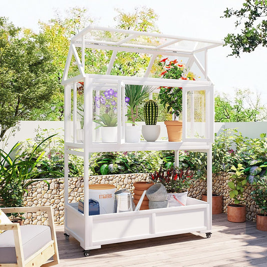 Portable Cold Frame Greenhouse with Wheels , Wooden Mini Greenhouse Cabinet for Gardens & Balconies , Openable Roof Design & Built-in Storage Box ,Easy-to-Move & Durable (White)