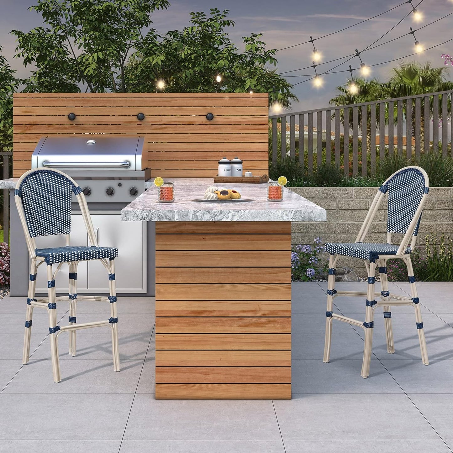 PURPLE LEAF French Bar Stool Set of 4 White Print Finish Patio Bar Stools with Back Rattan Bar Chairs Wicker Bar Height Stool 30" with Footrest Kitchen Island Stools Outdoor Barstool Royal Blue