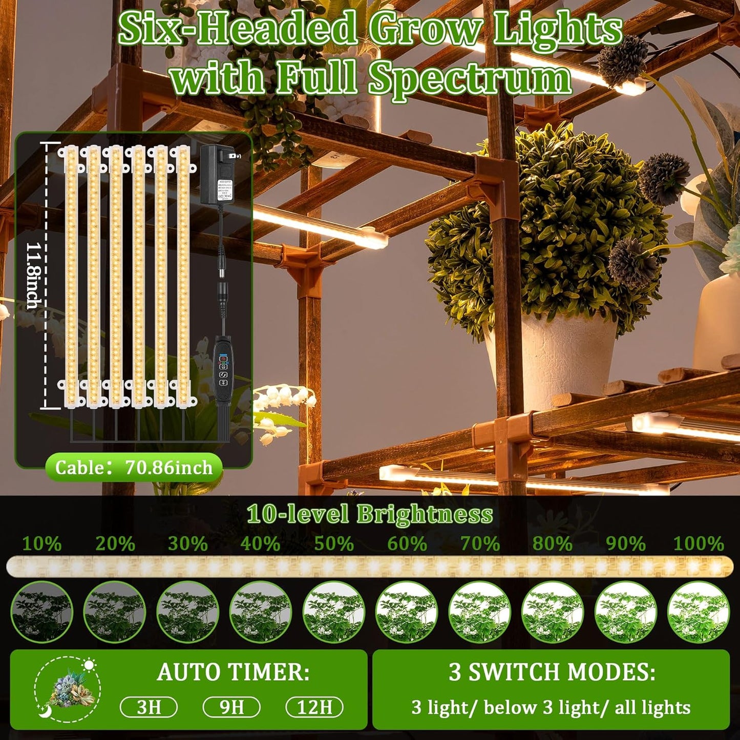 Dreyoo Plant Stand with Grow Lights, Wood Plant Shelf with Full Spectrum Grow Lamp for Indoor Corner, Vintage Multi Layer Lighted Stand for Living Room Balcony Display(12 Tiered Shape)