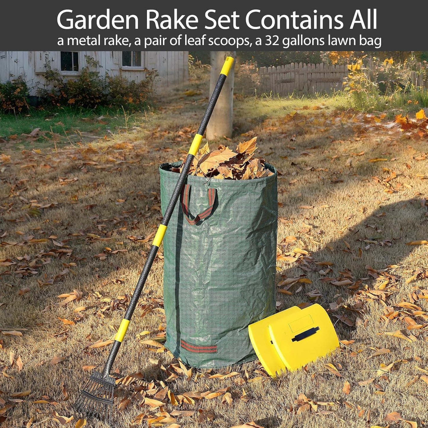 Leaf Rake, 11 Tines 9" Wide Metal Garden Rake for Leaves with 32 Gallon Leaf Bags and Scoops, Small Lawn Collapsible Yard Rakes for Camping Mulch Shrub Long Handle 30-70