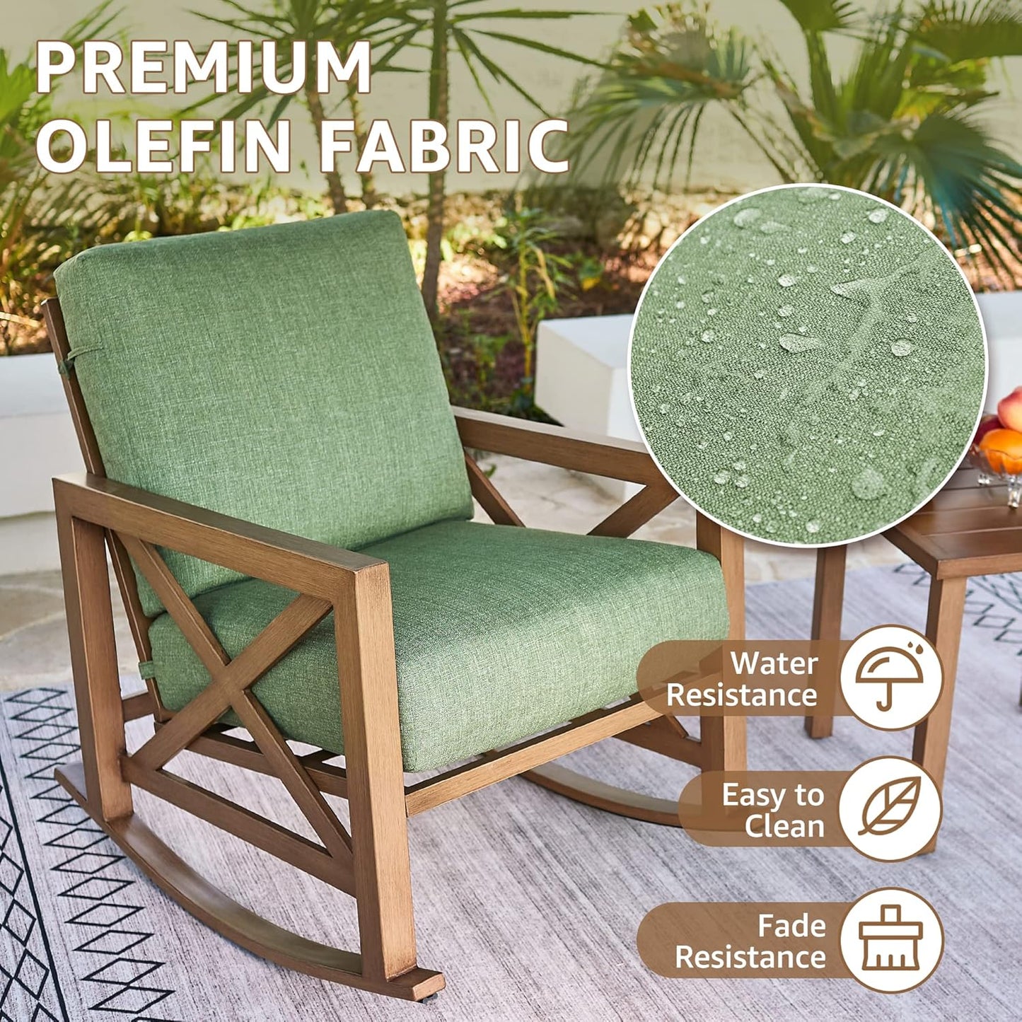 NATURAL EXPRESSIONS Rocking Bistro Set, 3 Piece Outdoor Patio Conversation Furniture Set with 2 Rockers and 1 Metal Coffee Table with Thick Cushions for Backyard,Porch,Poolside,300lbs