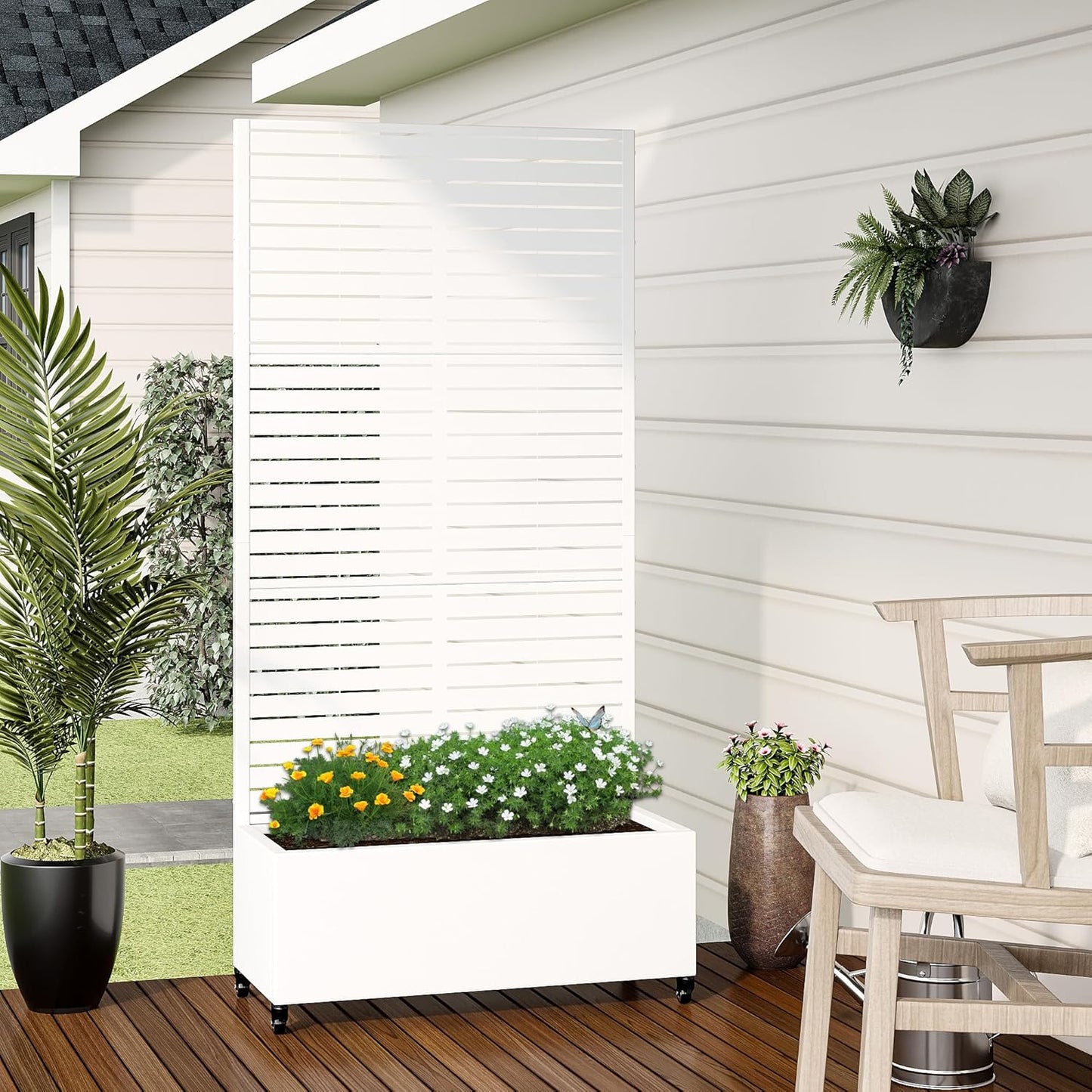 Casaphoria Metal Raised Garden Bed with Trellis and Wheels, 72"x35"x16" Planter Box for Climbing Plants, Vegetables & Vines, Features Drainage Holes and Privacy Screen (White-Louvered)