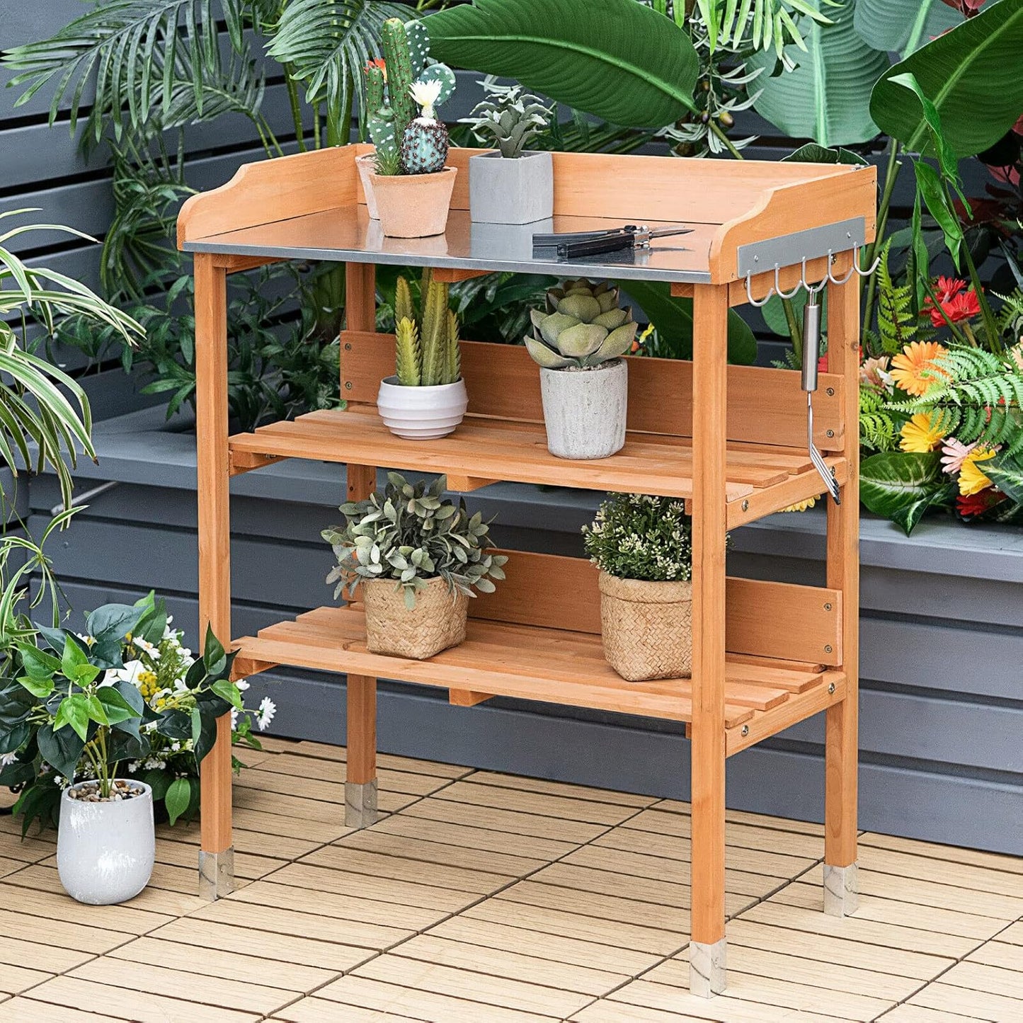 S AFSTAR Potting Bench, Work Station with Fir Wood Construction & Metal Tabletop, Garden Planting Table w/Open Shelves and Hanging Hooks, Gardening Table Potting Table for Outside Backyard Balcony