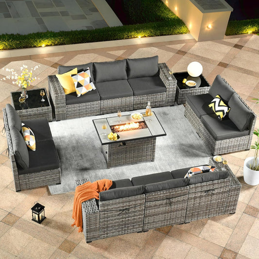 ovios 13 Pieces Patio Furniture Set, Outdoor Wicker Sectional Sofa with 42 Inch Fire Pit Table Comfy Cushions, Modern Modular Deep Seat Rattan Couch Conversation Set, Black
