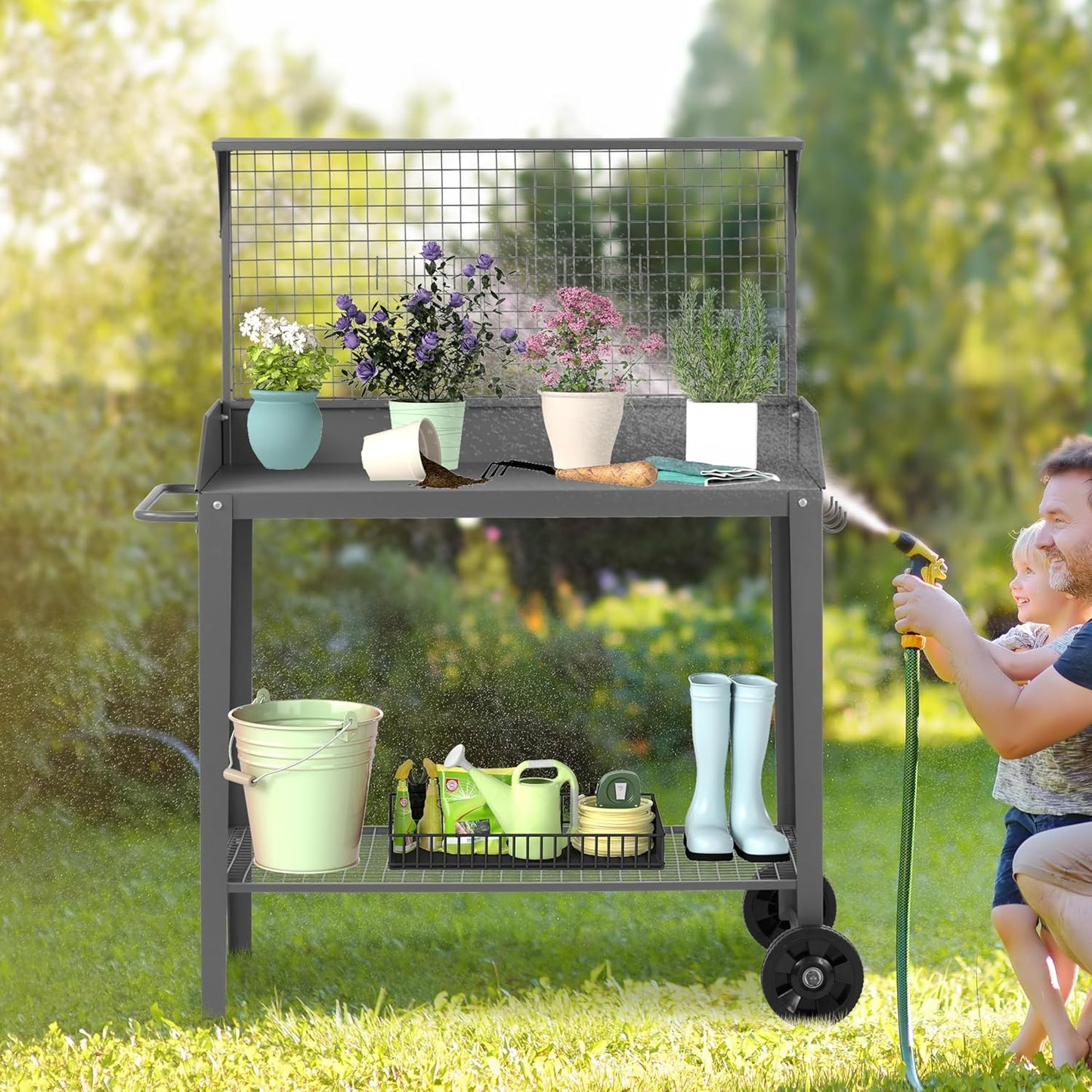 Outdoor Metal Potting Bench with Wheels, Heavy Duty Garden Workbench Table with Storage Shelf (Dark Gray, 52.8"x36.6")