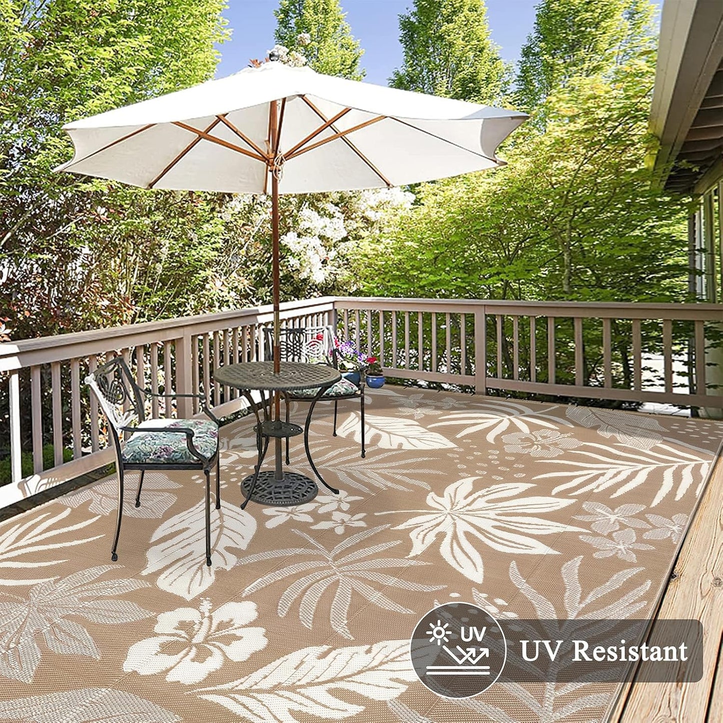 Pauwer Waterproof Outdoor Rug 8x10, Reversible Plastic Straw Patio Camping Rug, Indoor Outdoor RV Mat Carpet for Deck, Camper, Porch, Balcony, Backyard, Picnic, Floral Brown