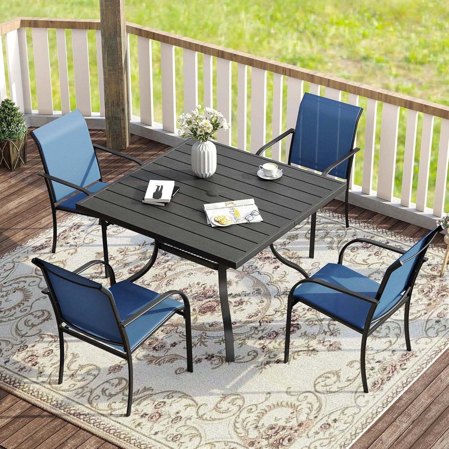VICLLAX 5 Pieces Patio Dining Set for 4, Outdoor Furniture Set Includes 37.8" Square Outdoor Table and 4 Stackable Patio Sling Chairs, Black Tabletop and Blue Fabric