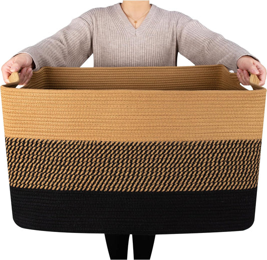 MINTWOOD Design 22in Extra Large Blanket Basket Holder for Living Room, Rectangle Rope Woven Storage Bin with Handles for Laundry, Pool Towels, and Shoes, Dog Toy Box Organizer, Black Jute