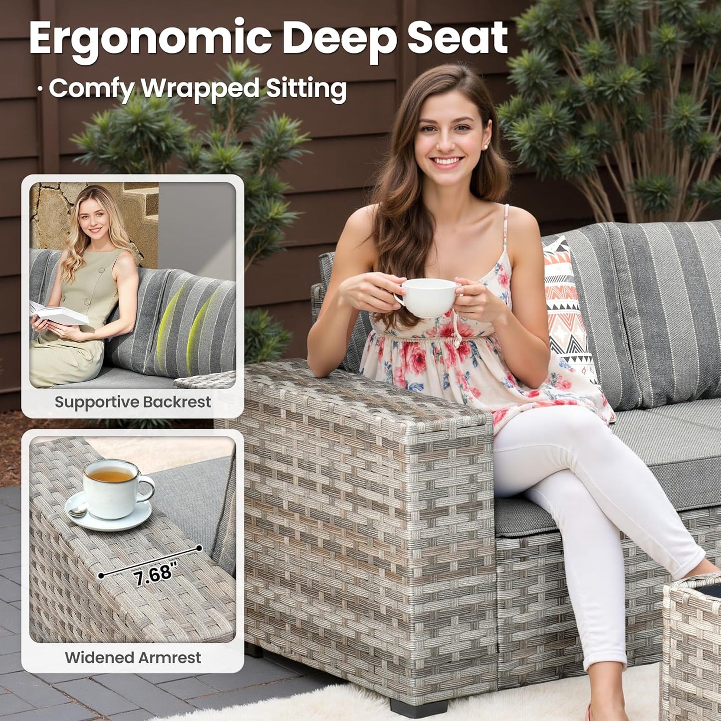 ovios 13 Pieces Patio Furniture Set, Outdoor Wicker Sectional Sofa with 42 Inch Fire Pit Table Comfy Cushions, Modern Modular Deep Seat Rattan Couch Conversation Set, Dark Gray Stripe