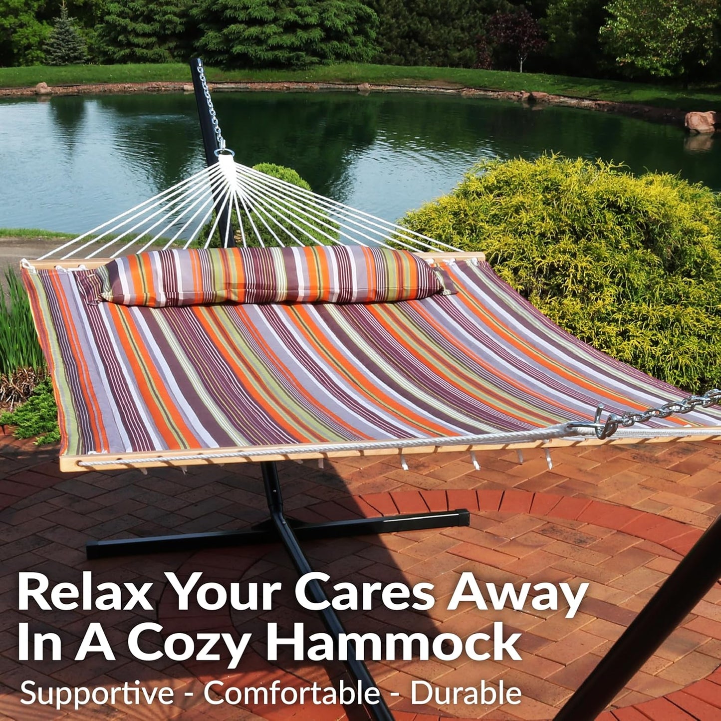 Sunnydaze Quilted Outdoor Hammock with Spreader Bars - Heavy-Duty 450-Pound Capacity Double Hammock for Outside - Canyon Sunset