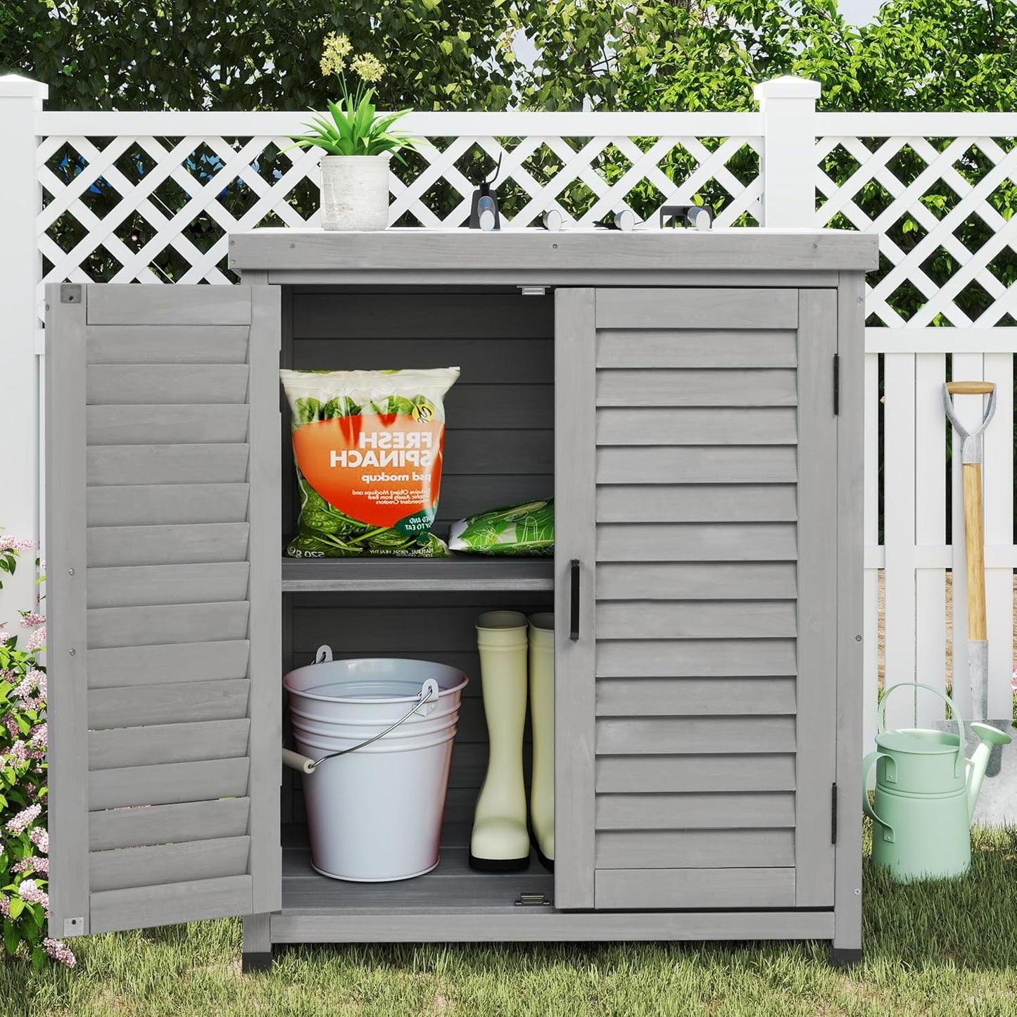 Outdoor Storage Cabinet & Potting Bench Table with Metal Top, Wooden Patio Furniture, Garden Workstation (Accent Grey, 36x31x17in)