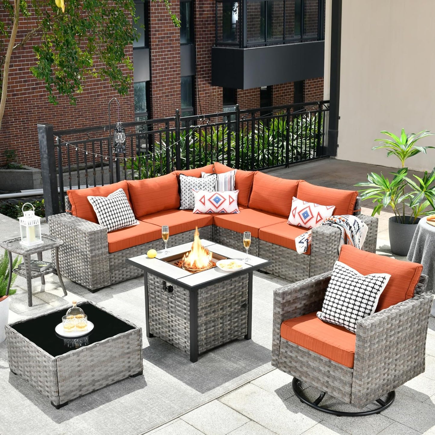 HOOOWOOO 9 Piece Modular Patio Outdoor Sectional Furniture Set with Gas Propane Fire Pit Table,Wicker Conversation Sofa Set with Swivel Chairs,Outside Couch Set(Orange Red)