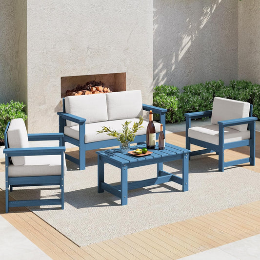 SERWALL 4 Pieces HDPE Outdoor Sofa Set with Cushions, All Weather Use Conversation Couch Set, Outdoor Loveseat Furniture with Coffee Table for Patio, Blue Frame with Khaki Cushions