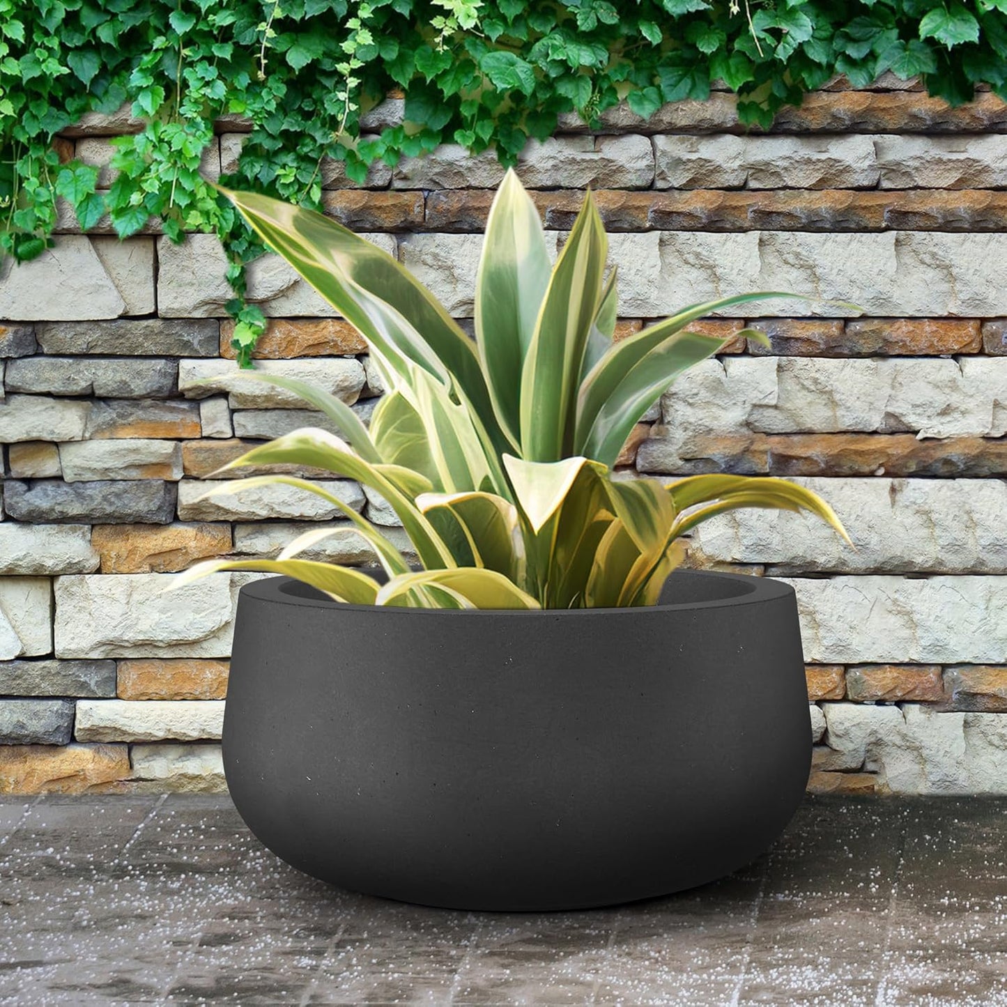 Kante 19.6" Dia Round Concrete Planter, Cement Plant Pots with Drainage Hole and Rubber Plug for Outdoor Indoor Garden Home, Modern Curvaceous Design, Black
