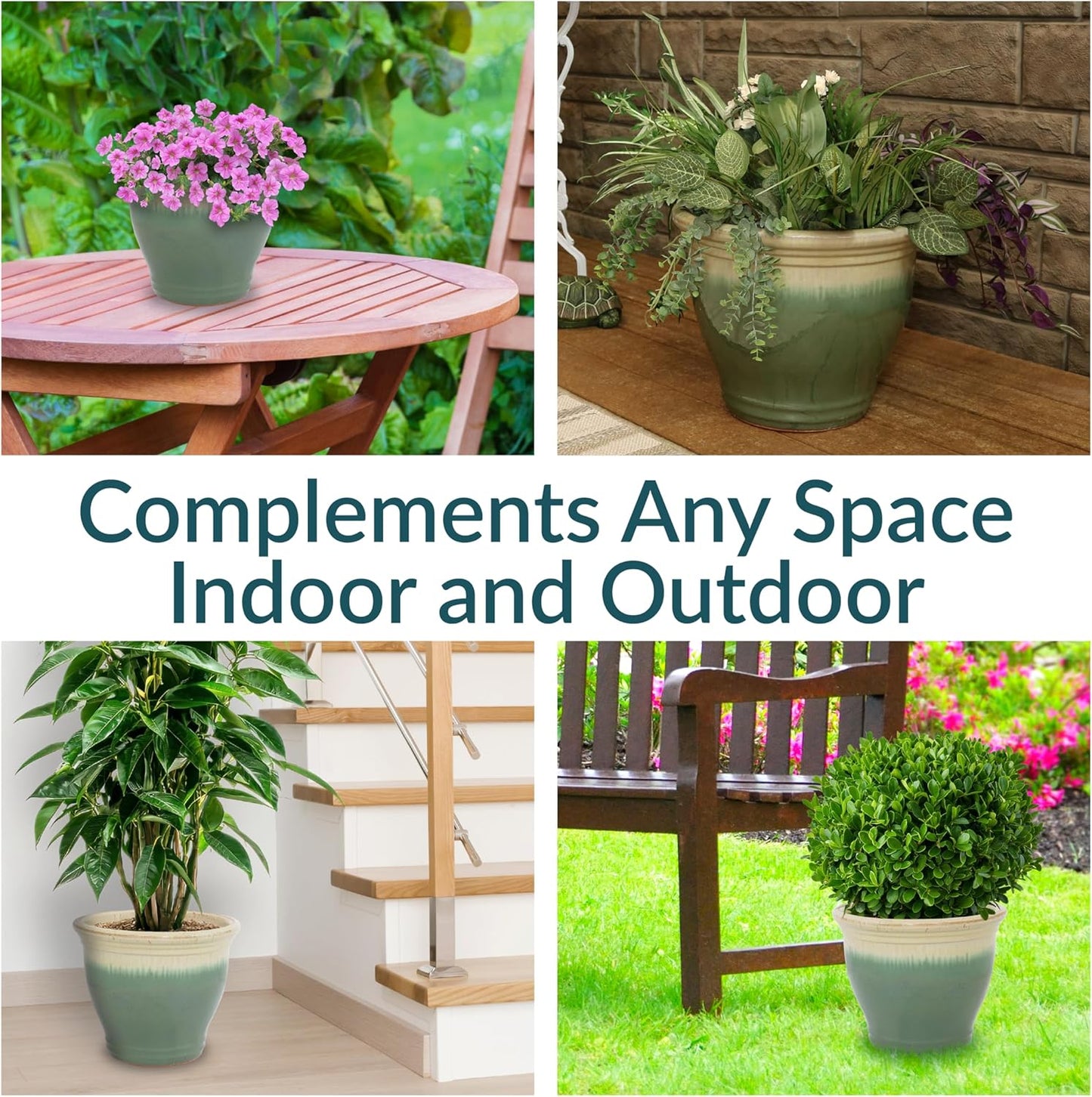 Sunnydaze Studio Large Ceramic Plant Pot - Round Outdoor Glazed Ceramic Planter Pot with Drainage - Seafoam - 14.5"