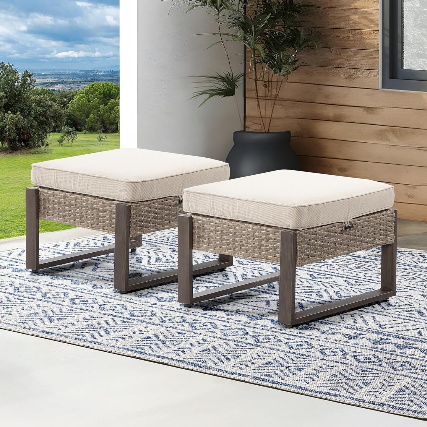 Patio Metal Wicker Ottoman Set of 2, Outdoor PE Rattan Footstools with Removable Cushions & Wood Looking Metal Steel Framed Legs for Garden Backyard Porch Deck, Beige