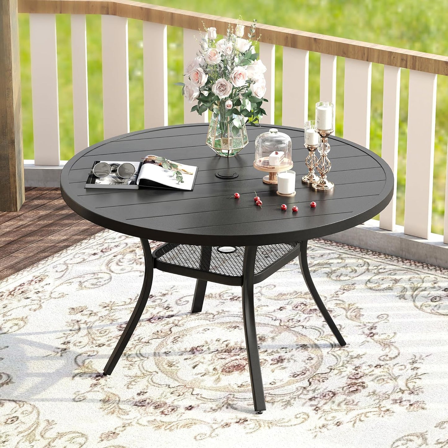 VICLLAX Patio Dining Set for 6, Outdoor Furniture Set Includes 47.2" Round Patio Table and 6 Patio Sling Chairs, Black Tabletop and Brown Fabric
