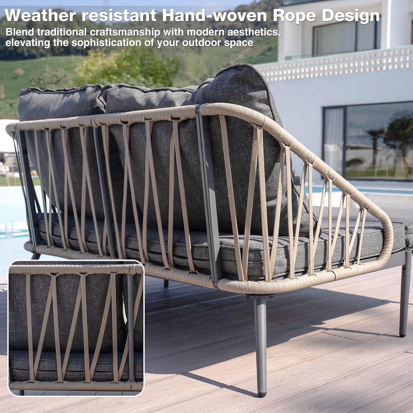 Patio Adjustable Daybed, 2-Person Outdoor Daybed with Cushions and Pillows, Woven Rope Patio Loveseat Garden Adjustable Reclining Chaise Lounge for Lawn, Poolside, Grey