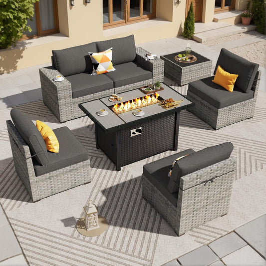 ovios 7 Pieces Patio Furniture Set, Outdoor Wicker Sectional Sofa with 42 Inch Fire Pit Table Comfy Cushions, Modern Modular Deep Seat Rattan Couch Conversation Set, Black