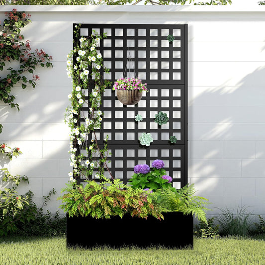 Metal Raised Garden Bed with Trellis, 2 in 1 Trellis with Planter Box & Privacy Screen for Climbing Plants, Vine, Outdoor Standing Flower Beds with Drainage Holes, 35.4"L x 16.7"W x 70.8"H, Black