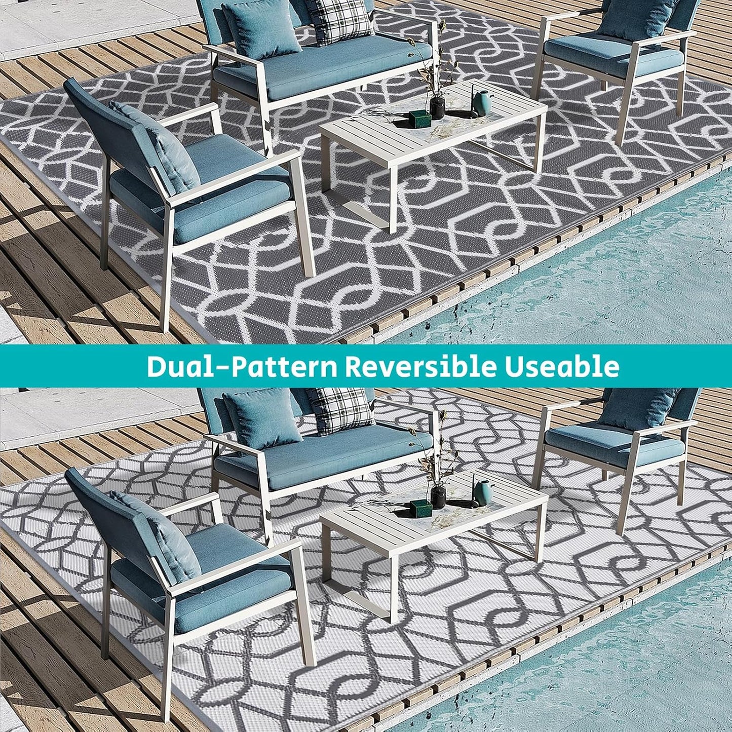 HEBE Outdoor Rug Waterproof 9x12, Reversible Plastic Straw Rug RV Camping Rug, Indoor Outdoor Patio Mat Clearance, Outside Carpet for Porch,Deck,Camper,Balcony,Backyard,Picnic