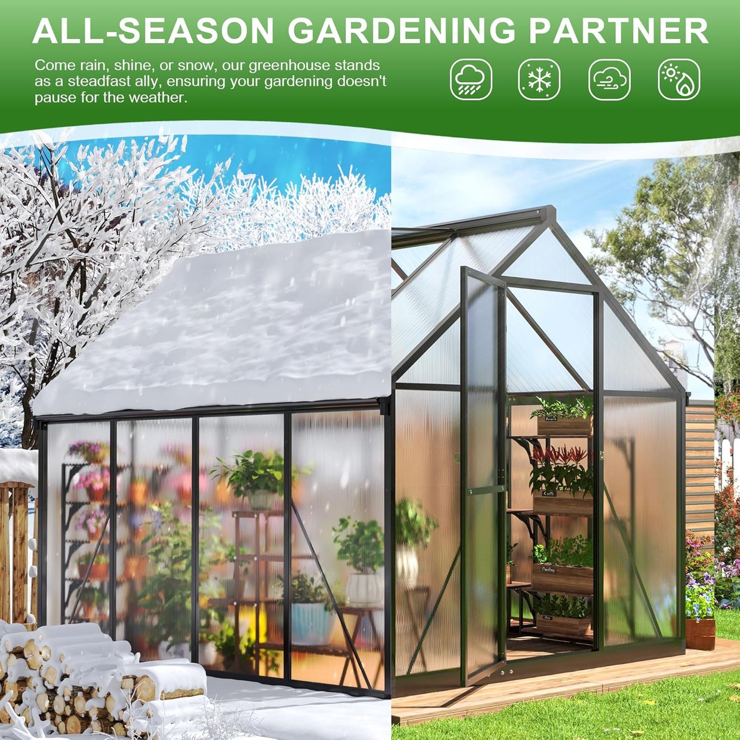 Polar Aurora 6x8 FT Greenhouse, Quick Aluminum Assembly Structure Polycarbonate Greenhouse, Walk-in Greenhouses for Outdoors with Ventilated Windows, Green Houses for Outside Backyard Garden