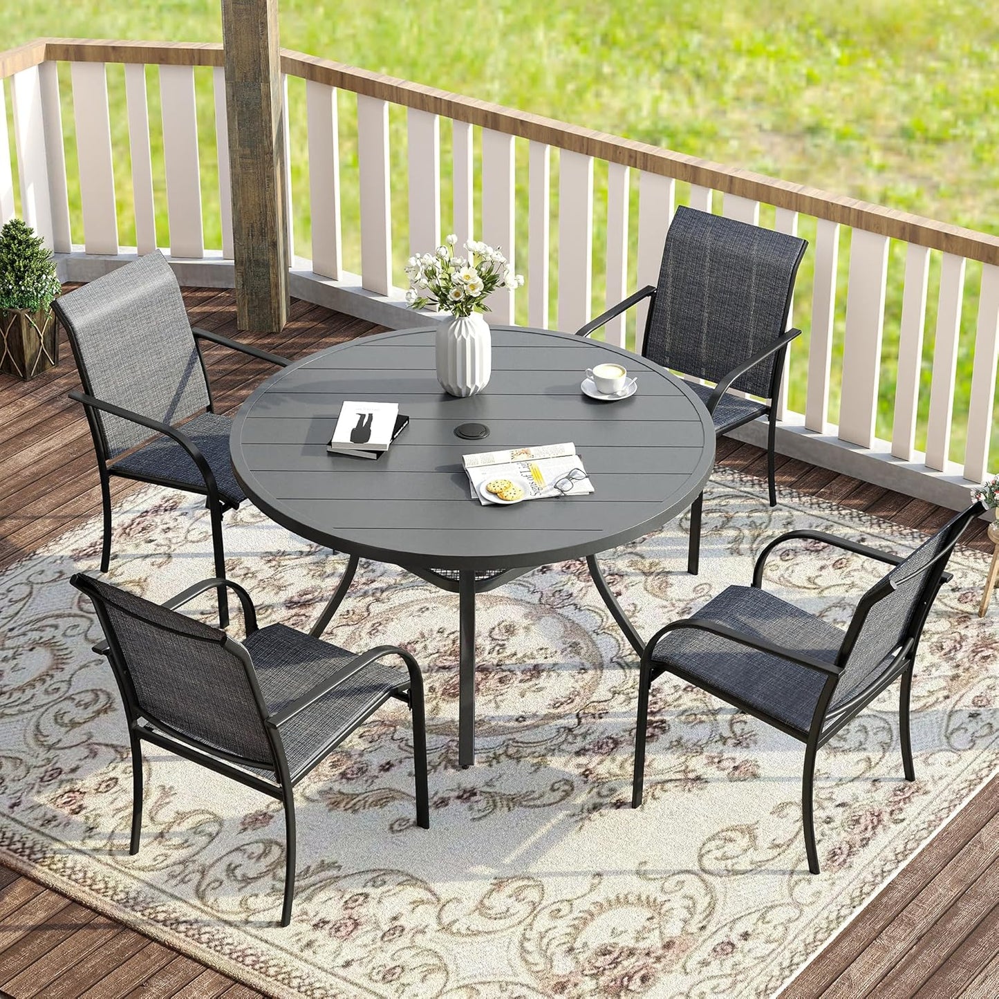 VICLLAX 5 Pieces Patio Dining Set for 4, Outdoor Furniture Set Includes 40.7" Round Patio Table and 4 Patio Stackable Chairs, Grey Tabletop and Grey Fabric