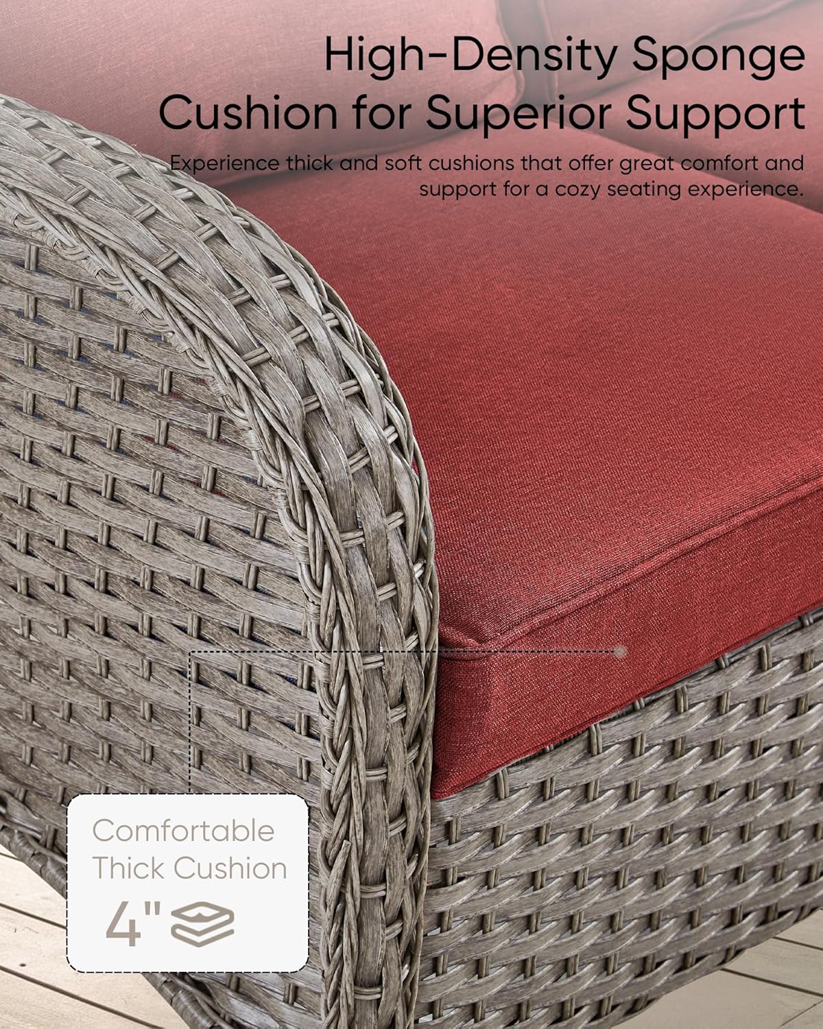 HUMMUH Wicker Patio Furniture Set-All Weather Rattan Patio Sofa Set with Swivel Rocker Chairs Outdoor Conversation Set for Deck Lawn Porch Balcony Poolside-Grey/Red