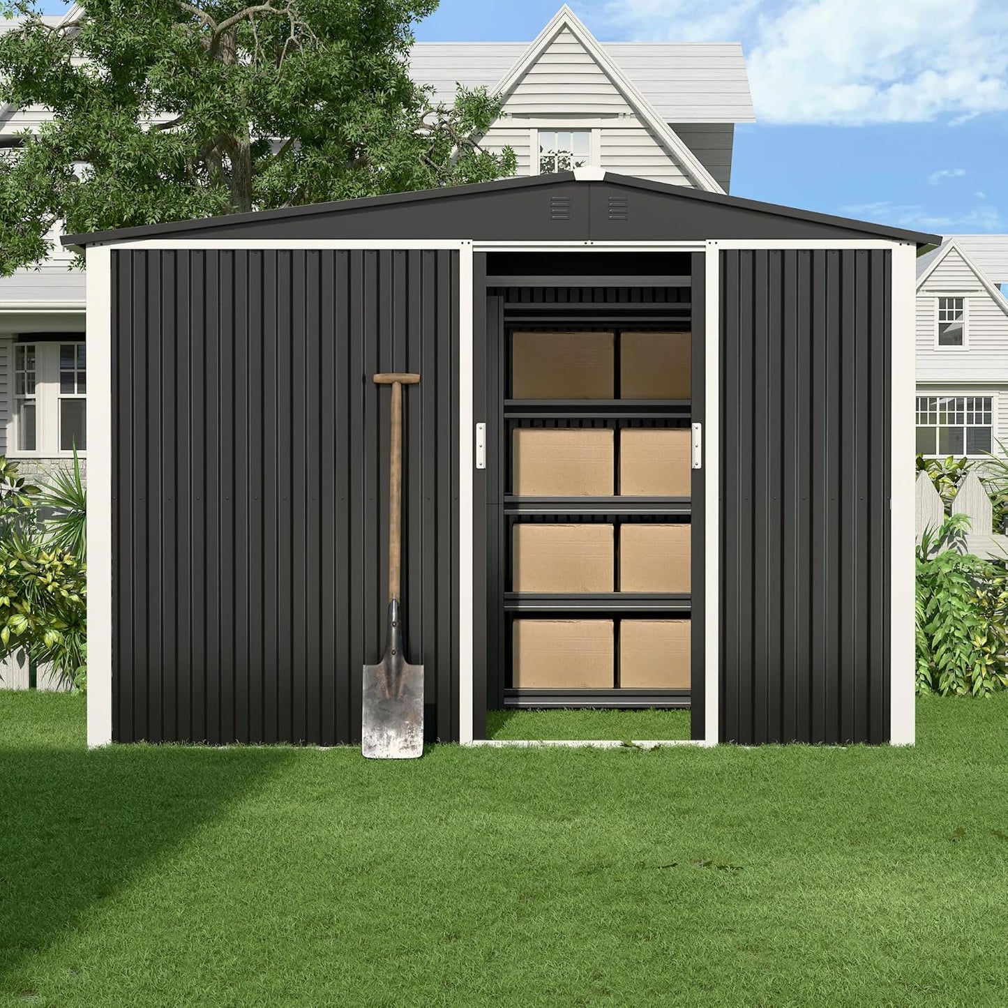 Metal Outdoor Storage Shed 10FT x 6FT with Firewood Storage, Steel Utility Tool Shed Storage House with Sliding Door, Metal Sheds Outdoor Storage for Backyard Garden Patio Lawn, Black