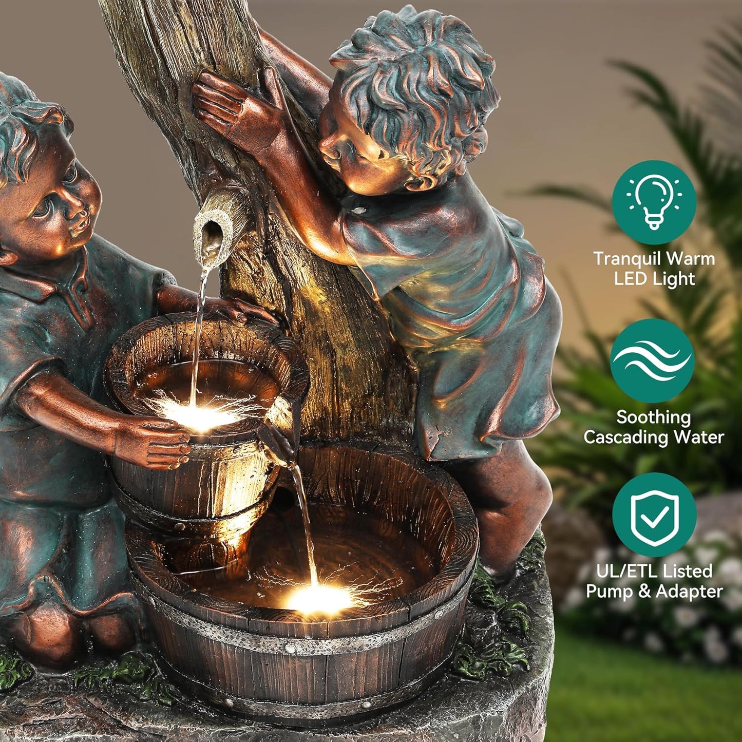 31" Resin Outdoor Water Fountain with LED Lights, Boy-Girl, Pagoda and Wood Barrel Garden Fountain, 3-Tier Cascading Waterfall for Tranquil Backyard, Patio or Porch, Faux Bronze Finish