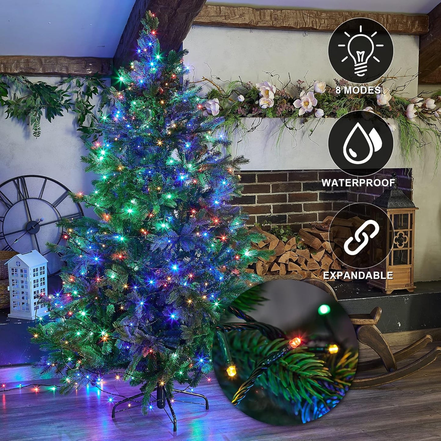 weillsnow 66 FT 200 LED Christmas Lights, Plug in Connectable Green Wire Fairy Lights with 8 Twinkle Modes, Outdoor Waterproof Christmas Lights for Garden Patio Wedding Decorations (Multicolored)