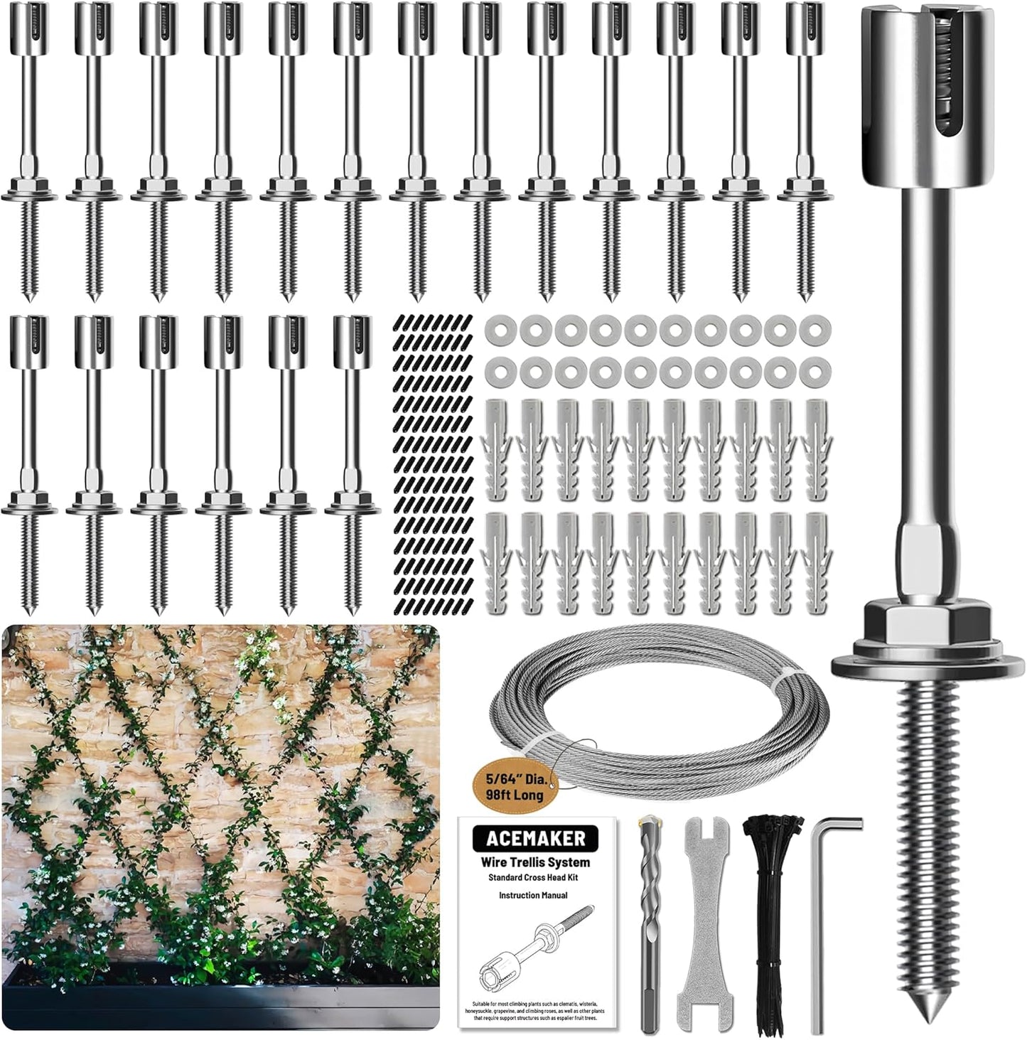 Wire Trellis for Climbing Plants Outdoor, 20-Set Wall Wire Trellis Kit with 5/64"(2mm) x 98ft Stainless Steel Cable, T316 Espalier System for Fence and Garden DIY Projects