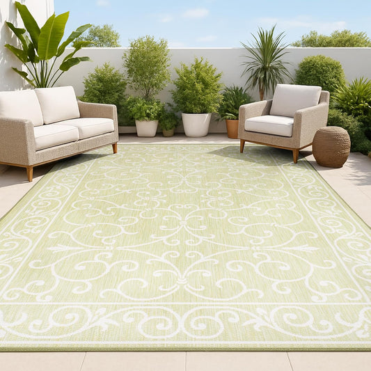 JONATHAN Y SMB106H-4 Charleston Vintage Filigree Textured Weave Indoor Outdoor Area Rug, Coastal,Traditional,Transitional Easy Clean,Bedroom,Kitchen,Backyard,Patio, Non-Shed, Green/Cream, 4 X 6