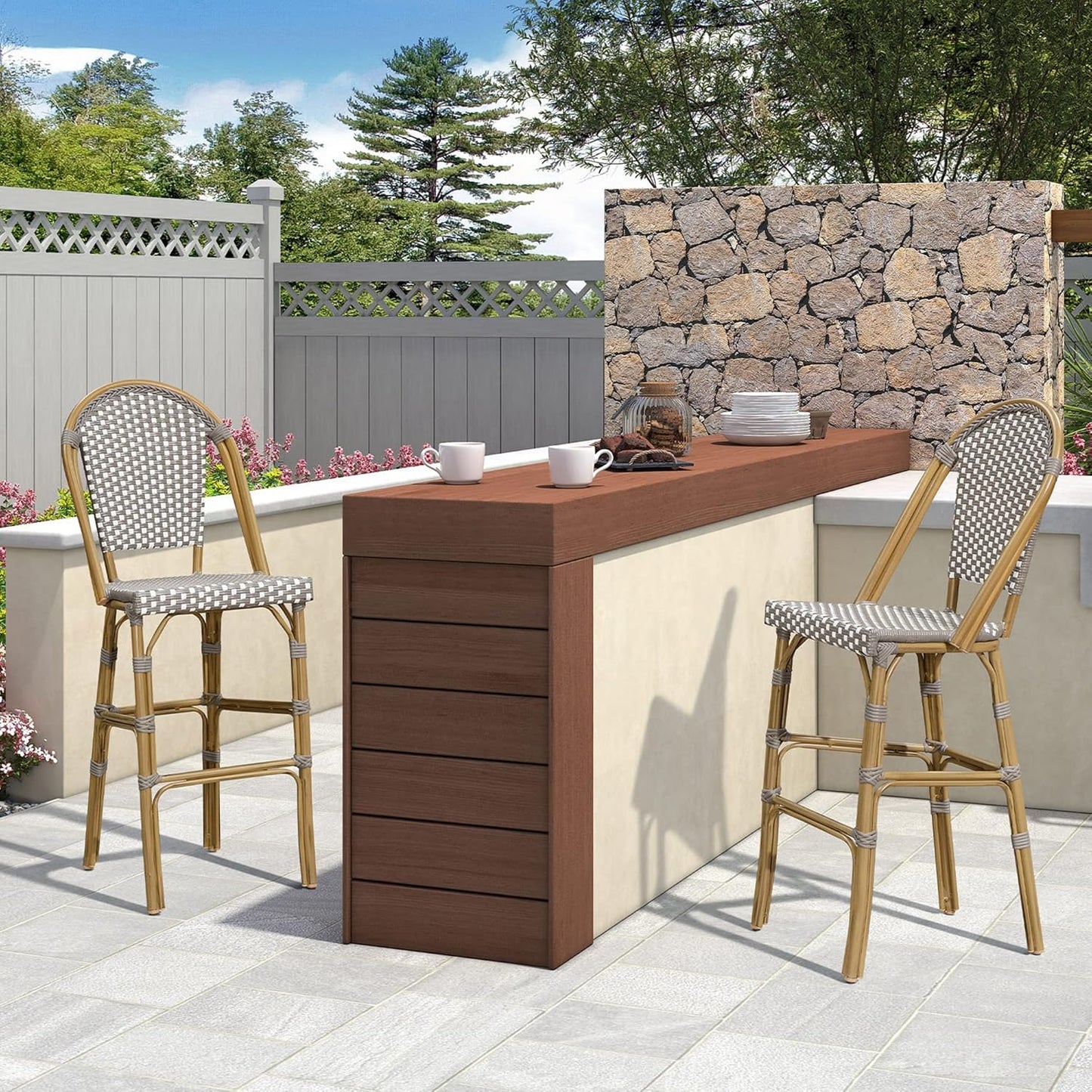 PURPLE LEAF French Bar Stool Set of 2 Bamboo Print Finish Patio Bar Stools with Back Rattan Chairs Wicker Bar Height Stool 30" with Footrest Kitchen Island Stools Outdoor Barstool Grey