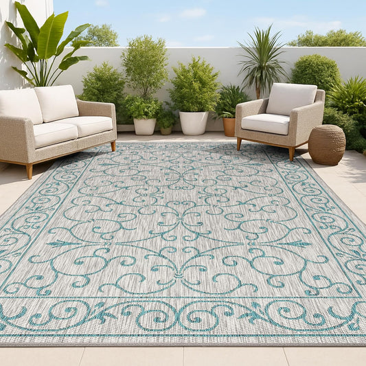 JONATHAN Y SMB106E-14 Charleston Vintage Filigree Textured Weave Gray/Teal 10 ft. x 14 ft. Indoor/Outdoor Area Rug, Pet Friendly, Non-Shedding, Stain Resistant, Easy-Cleaning for Backyard, Patio