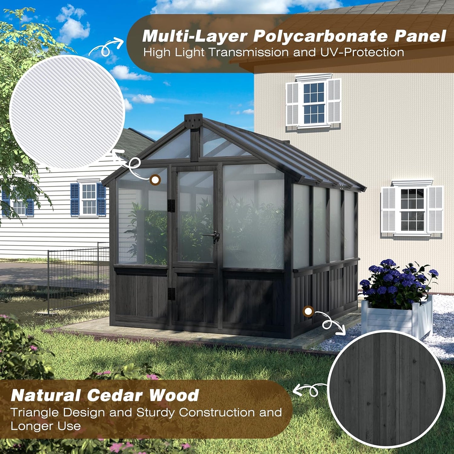 MUPATER 6 x 8 FT Walk-in Wooden Polycarbonate Greenhouse with Ventilated Window & Lockable Door, Multi-Layer PC Panels for UV Protection, Greenhouse Kit for Outdoor, Garden and Backyard, Black