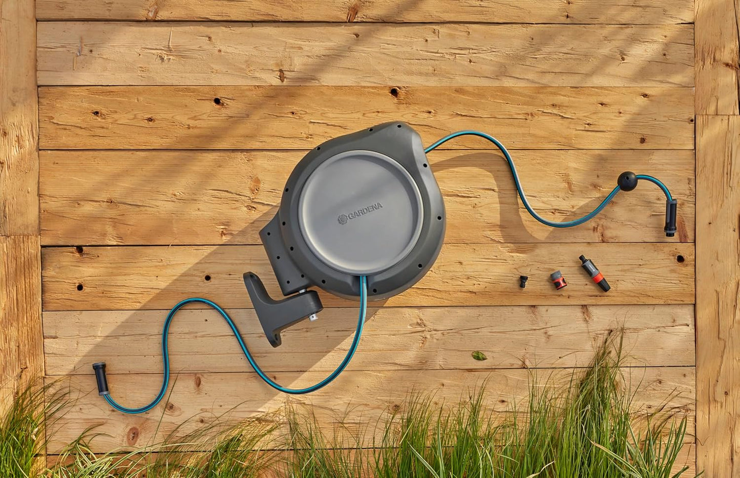 GARDENA 20502, Retractable Garden Hose Reel 75' x 1/2" hose, Wall Mounted, Automatic Retraction & Length Lock for Easy Watering. Heavy Duty Swivel Bracket 180°, Includes Nozzle. Made in Europe