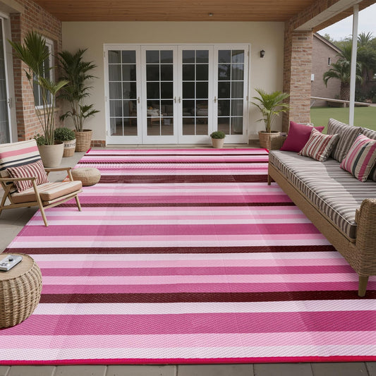 Outdoor Waterproof Rug 8'x10' Plastic Straw Rugs Washable Reversible Floor Mat Pink Stripe Carpet for Camping RV Deck Entryance Porch Picnic Balcony Beach Backyard