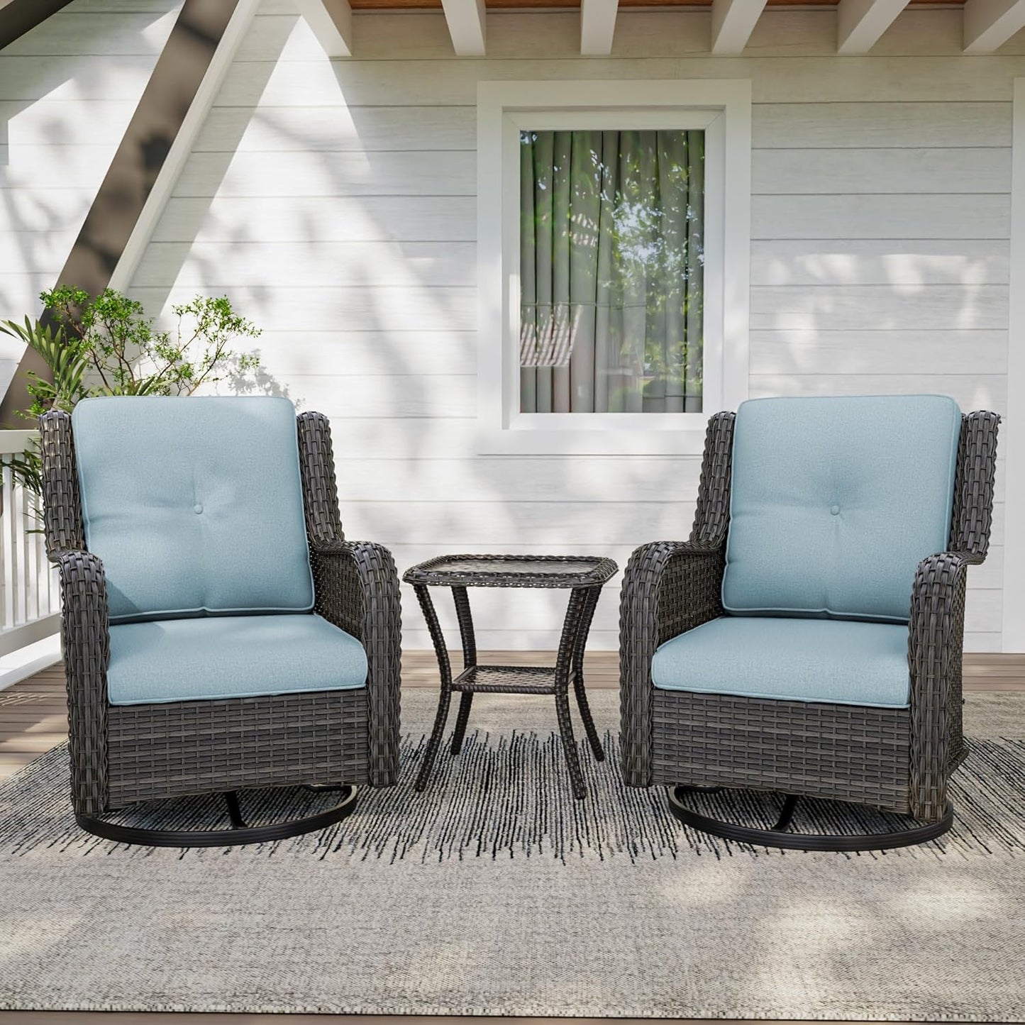 3 Pieces Outdoor Furniture Set - Patio Wicker Swivel Rocker Chair Set of 2 and 1 Side Table, Light Blue, Mixed Brown Rattan, Suitable for Porch, Yard