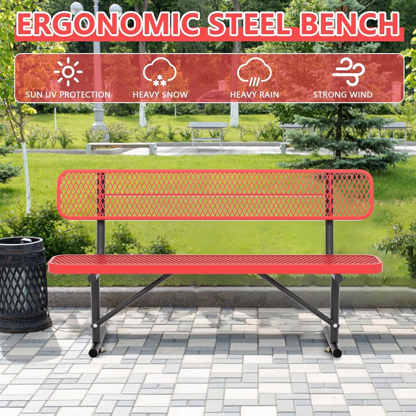 Heavy Duty Park Bench with Back Portable Frame, Outdoor Steel Bench with Backrest, Red Metal Bench Seat Expanded Metal Mesh Bench for Lawn, Park, Deck, Garden, Patio, Porch, Black (Red, 6FT)