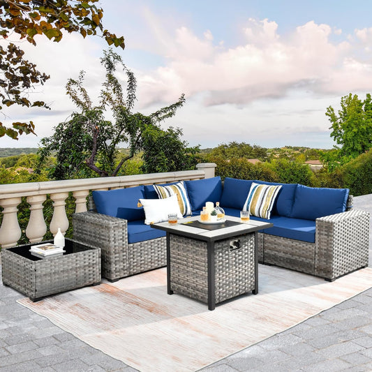 HOOOWOOO Modular Patio Outdoor Sectional Furniture Set with Gas Propane Fire Pit Table,7 Piece Wicker Conversation Sofa Set,Out Door Couch Set with Wide Arm Outside(Navy Blue)
