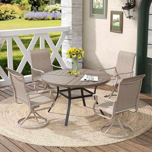 DIFY 40.6" Round Outdoor Patio Dining Table for 4, All-Weather Metal Steel Slatted Patio Table with 1.57" Adjustable Umbrella Hole, for Lawn Garden Porch Backyard, Grey Wood-Like