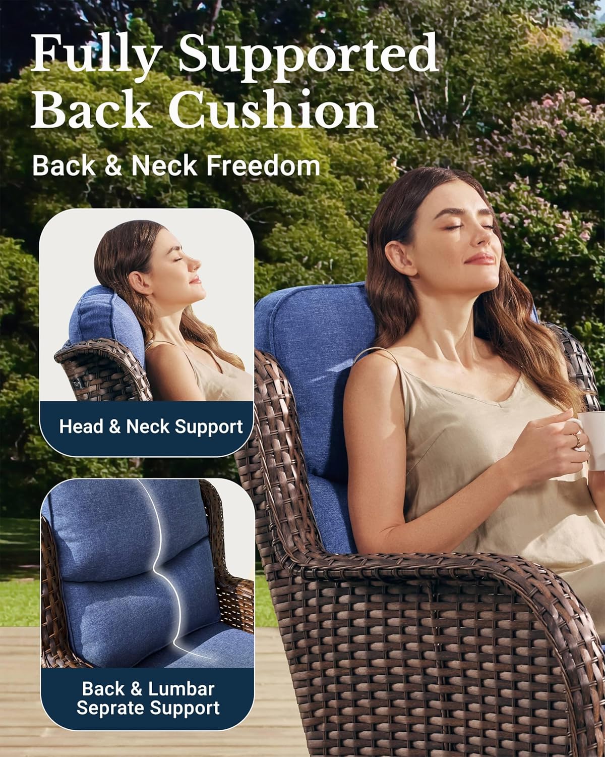 HILLGA Luxury Patio Furniture Set with 6-inch Thick Cushion, Outdoor Couch and High Back Swivel Rocker Patio Chairs, 10PCS Wicker Conversation Set for Deck Yard and Poolside, Blue (V2)