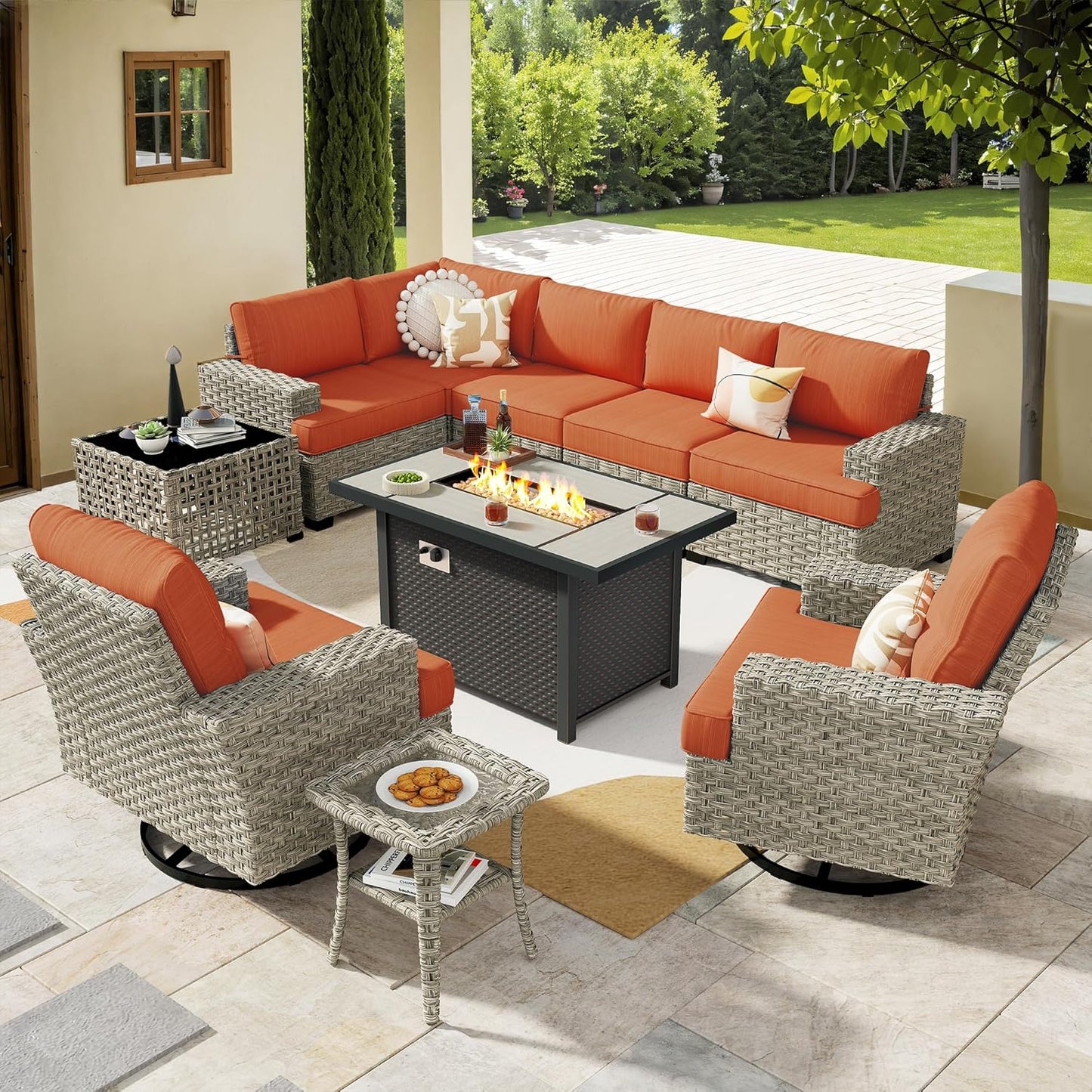 HOOOWOOO Outdoor Sectional Patio Furniture Set with Fire Pit Table,10 Pieces Wicker Conversation Sets L Shaped Couch,Extra Deep Out Door Sofa Outside Furniture with Swivel Chairs,Brick Red