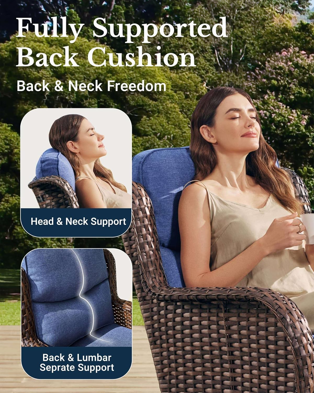 HILLGA Luxury Patio Furniture Set with 6-Inch Thick Cushions, High Back Outdoor Swivel Rocker Chairs and Patio Couch, 7-Piece All Weather Conversation Set for Porch Deck Pool Yard, Blue (V3)