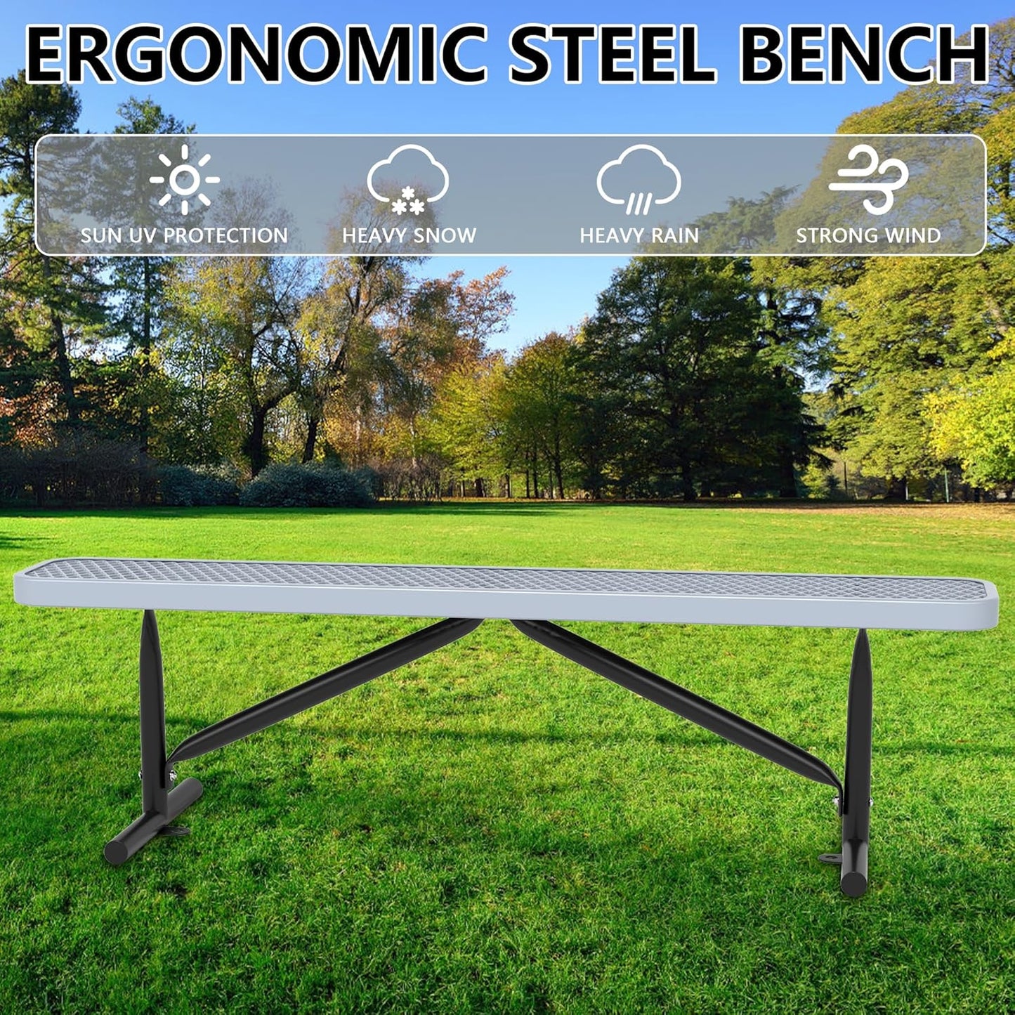48" L Outdoor Steel Flat Bench, Heavy Duty Metal Park Bench for Outside, Expanded Metal, Commercial Benches Mesh Bench for Shopping Mall, Store, Lawn, Park, Patio, Deck, Garden (Grey, 6FT)