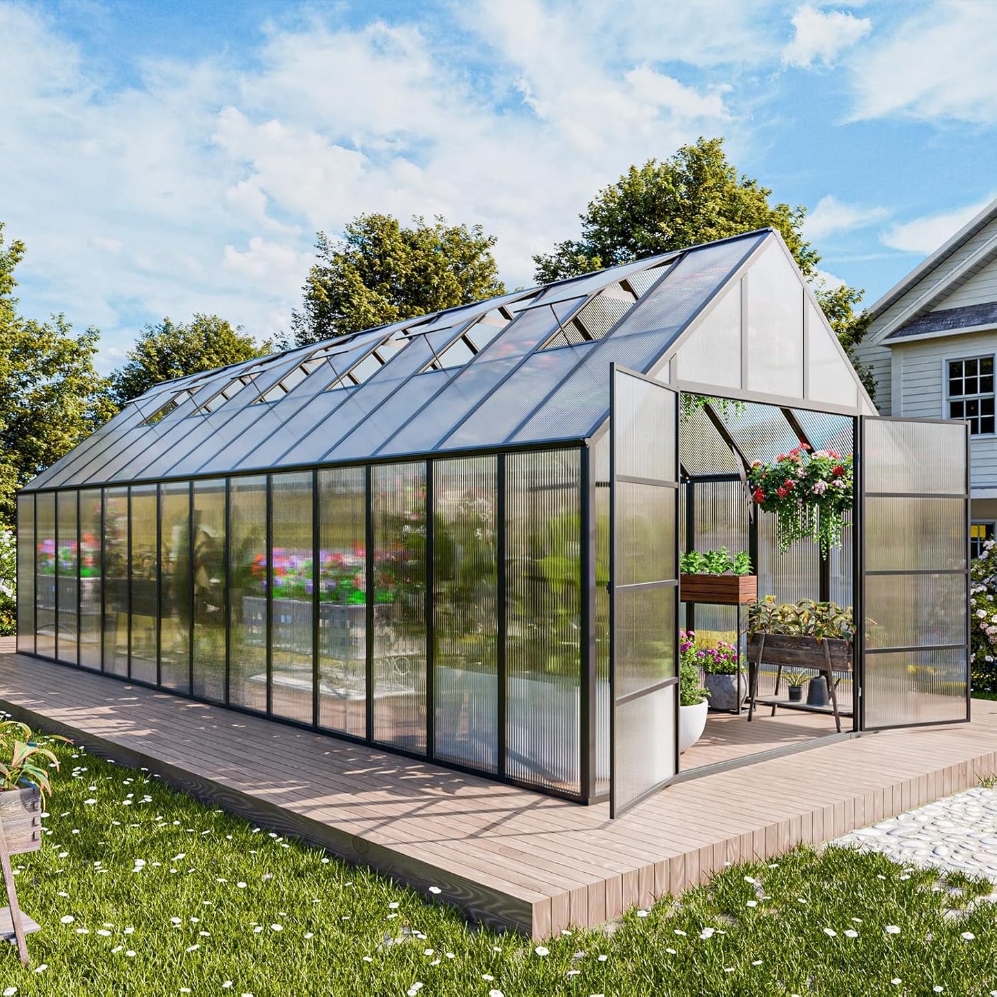 CDCASA 10x28 FT Greenhouse for Outdoors,Large Easy Assembly Thicker Aluminum Polycarbonate Greenhouses w/6 Windows, Double Door, Walk-in Green House for Outside,Patio,Backyard,Garden