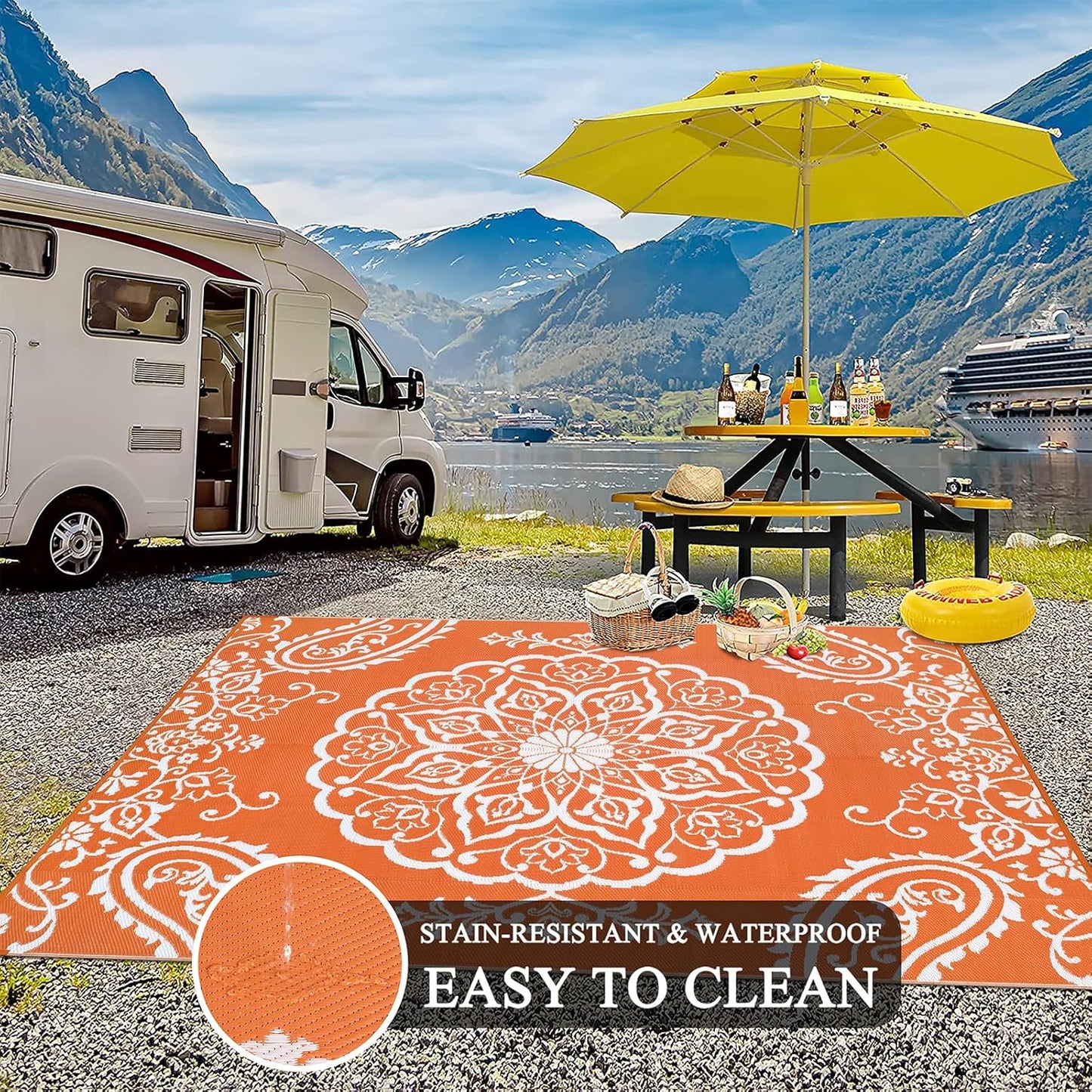 Pauwer Waterproof Outdoor Rug 6x9, Reversible Plastic Straw Patio Camping Rug, Indoor Outdoor RV Mat Carpet for Deck, Camper, Porch, Balcony, Backyard, Picnic, Boho Orange