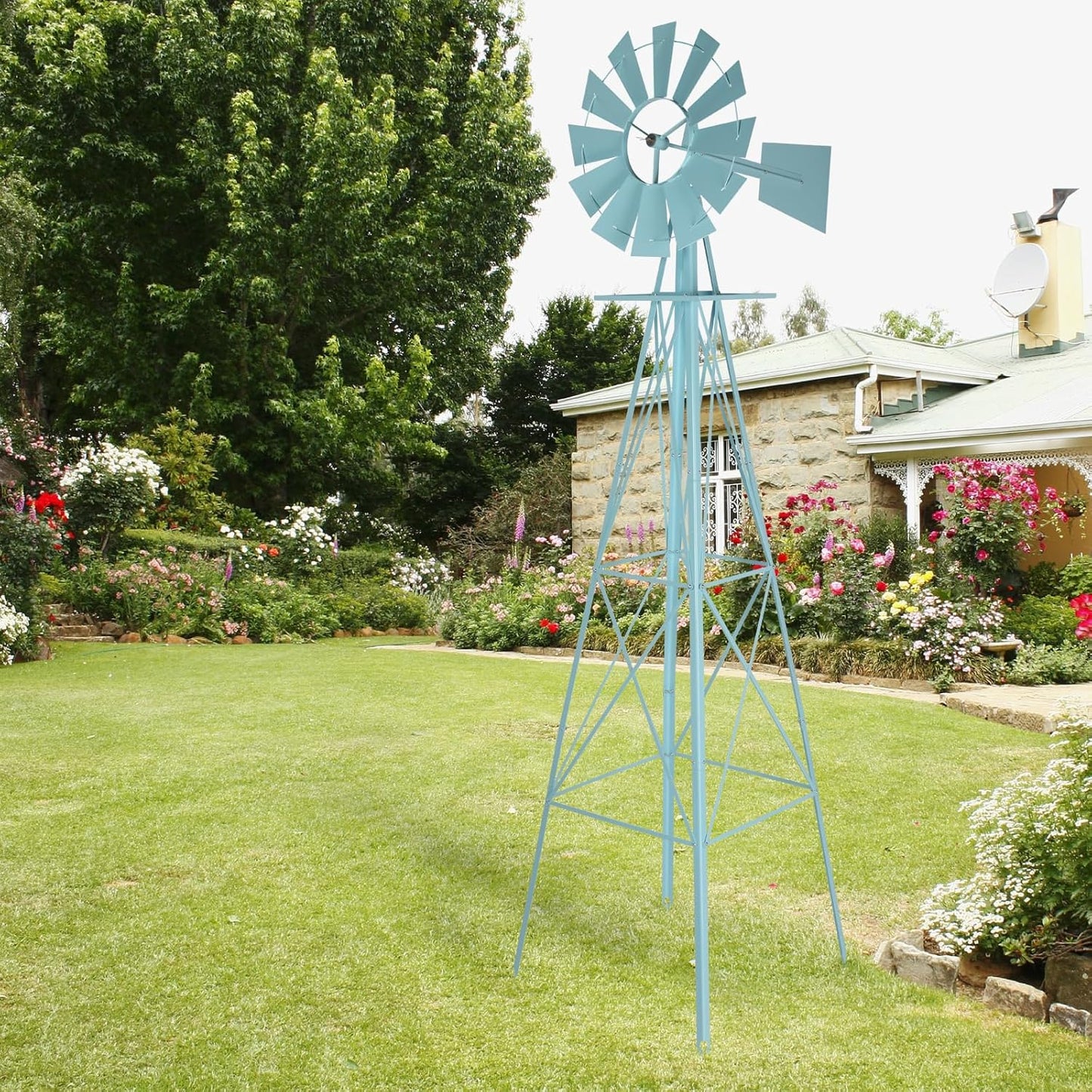 Garden Windmill for Yard Decor, 8 ft Tall Metal Windmill with Spinning Blades, Weather-Resistant Outdoor Windmill for Lawn, Farmhouse, Rustic & Farm Decor,Blue