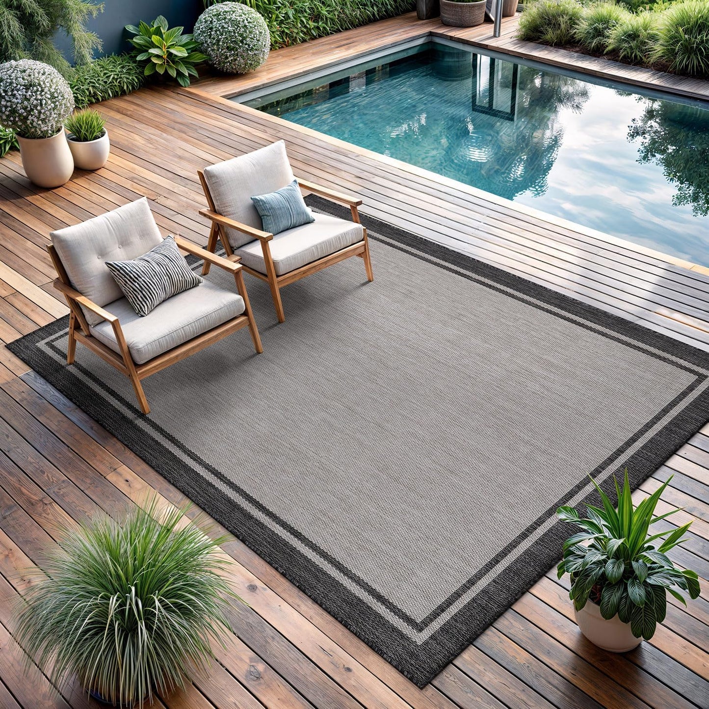 CAMILSON Indoor Outdoor Rug, 5x7 Bordered Gray Modern Area Rugs for Indoor and Outdoor Patios, Kitchen and Hallway Mats, Washable Porch Deck Outside Carpet (Bordered Grey, 5 x 7)